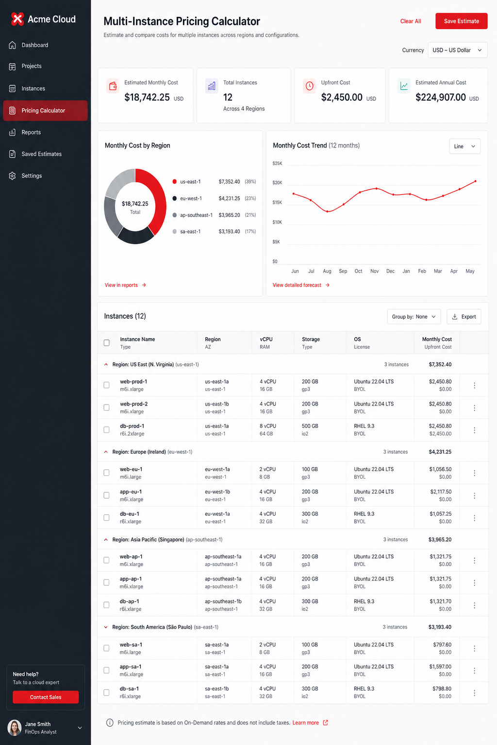 multi‑instance pricing calculator screenshot