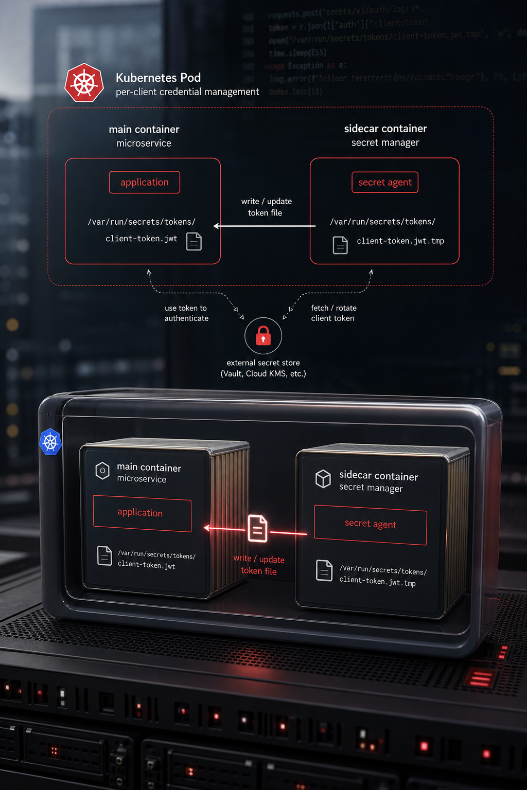 per-client credential management with secret management sidecar injection
