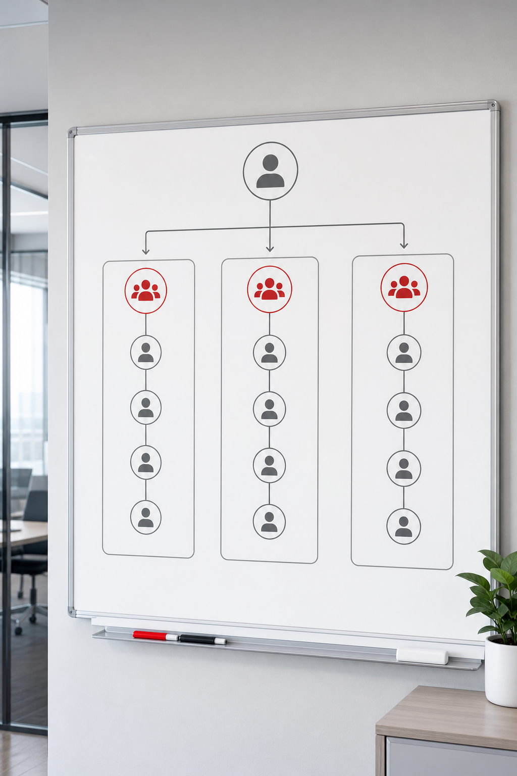 A realistic diagram of a multi‑tenant hierarchy showing tenant boxes with stacked role icons, clean lines, professional 