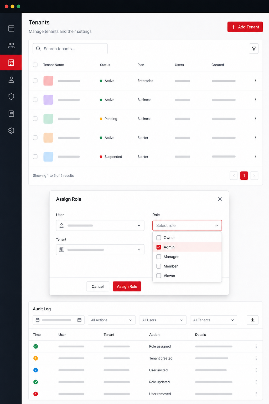 A realistic admin dashboard screenshot showing tenant list, role assignment modal, and audit log table, professional UI 