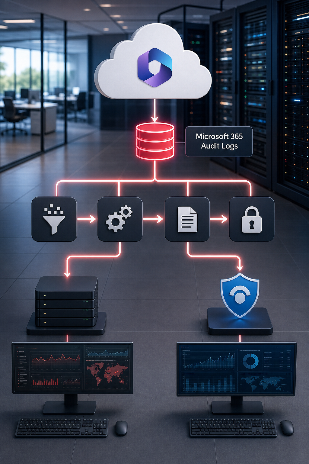 A realistic diagram of SIEM integration pipeline linking Microsoft 365 audit logs to Splunk and Azure Sentinel, with dat