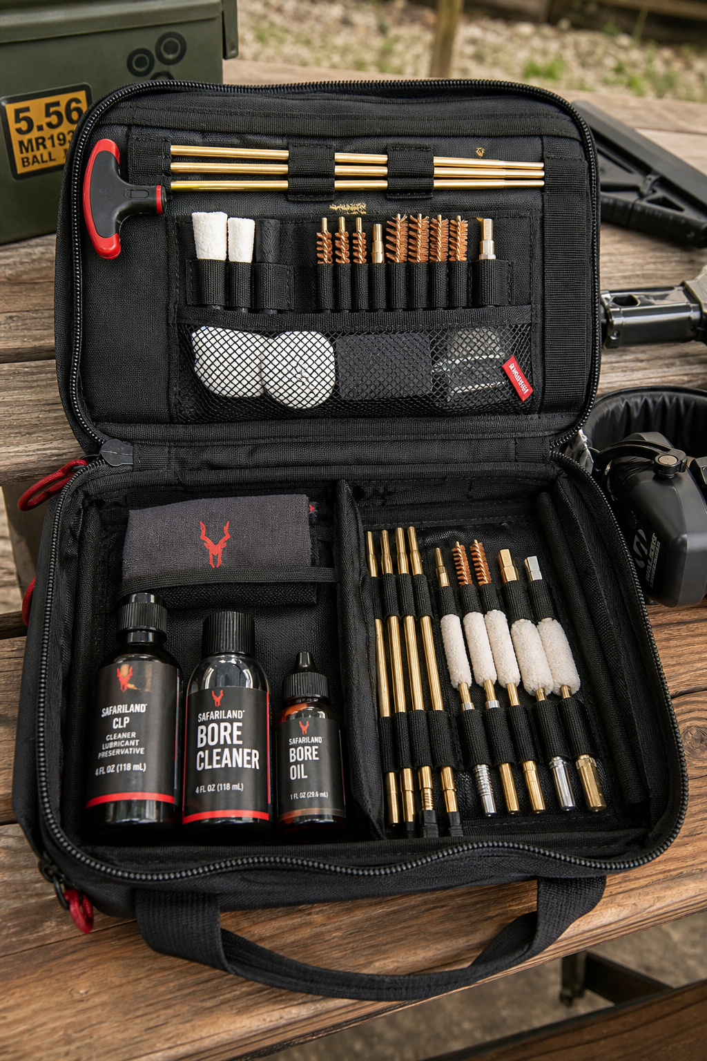 gun cleaning kit organization on a range bag