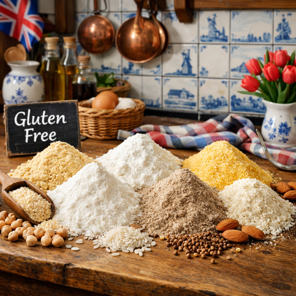 A photorealistic close‑up of assorted gluten‑free flours spread on a wooden table, with a Dutch kitchen background, alt: