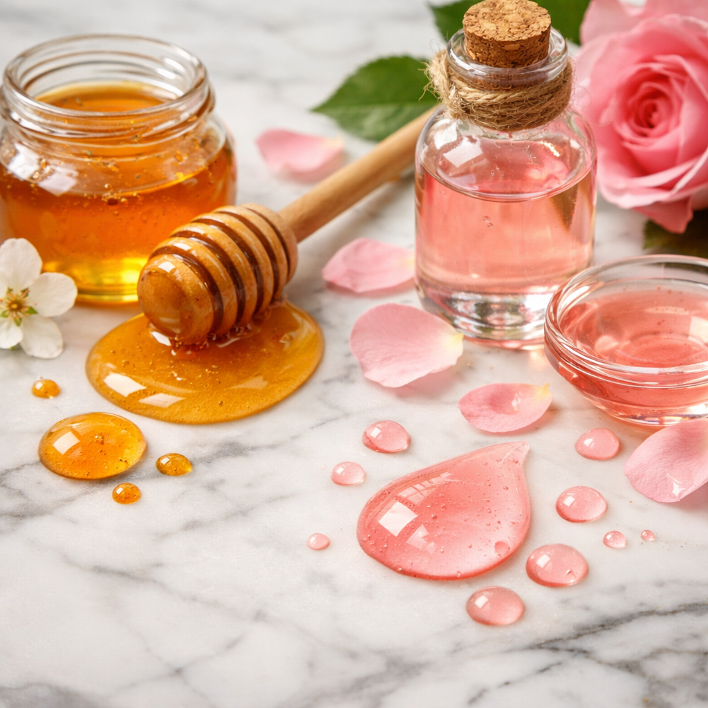 A realistic close-up of honey and rose water droplets on a white marble surface, showing natural ingredients, alt: 