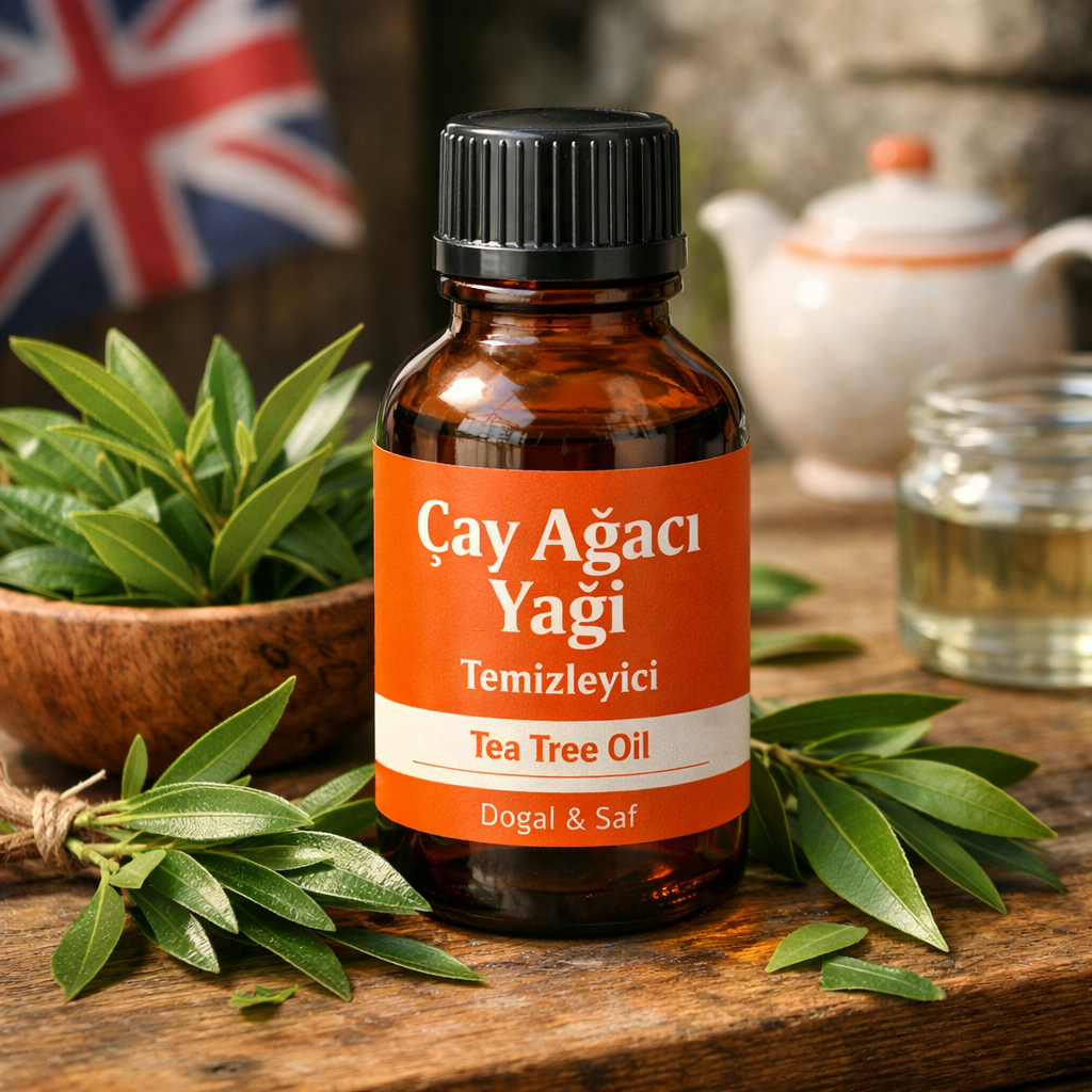 A realistic close-up of tea tree oil bottle next to fresh leaves on a wooden table, showing natural ingredients, alt: 