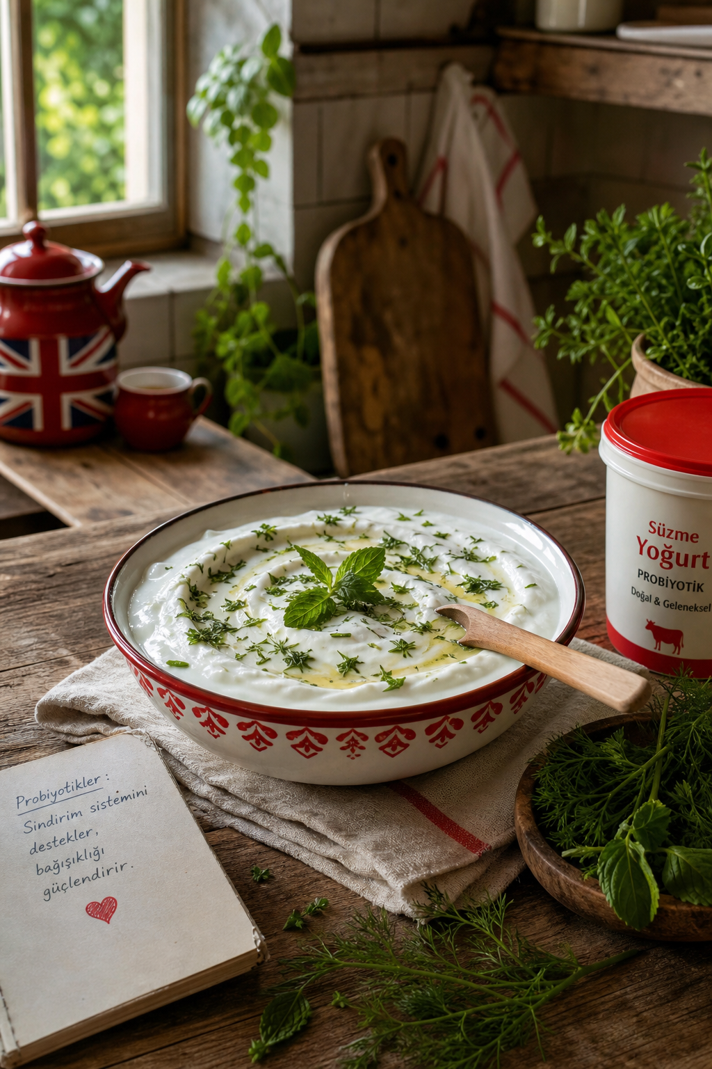 A traditional Turkish yogurt bowl with fresh herbs, wooden spoon, rustic kitchen setting, realistic style, alt: geleneks