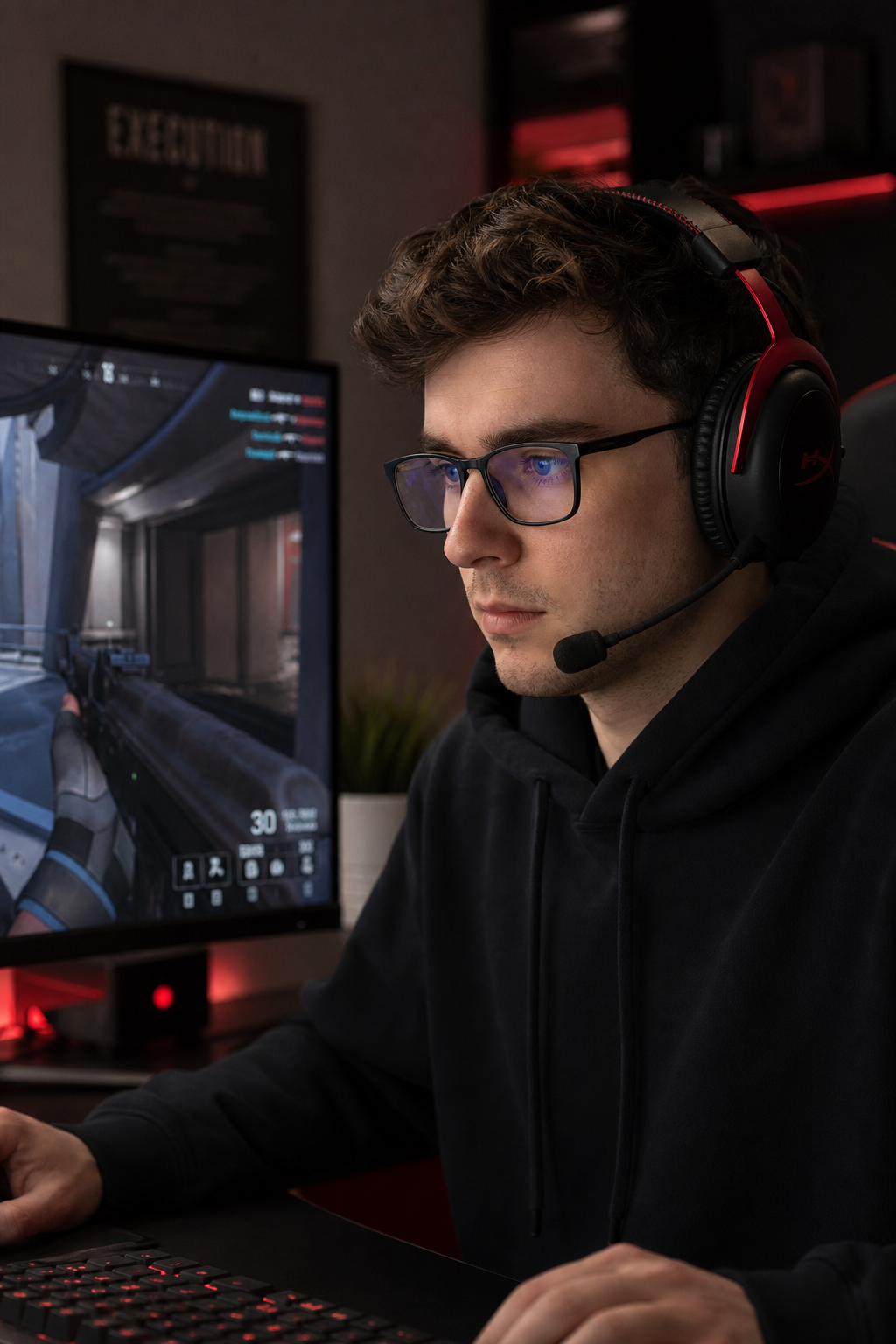 gamer wearing blue‑light blocking glasses