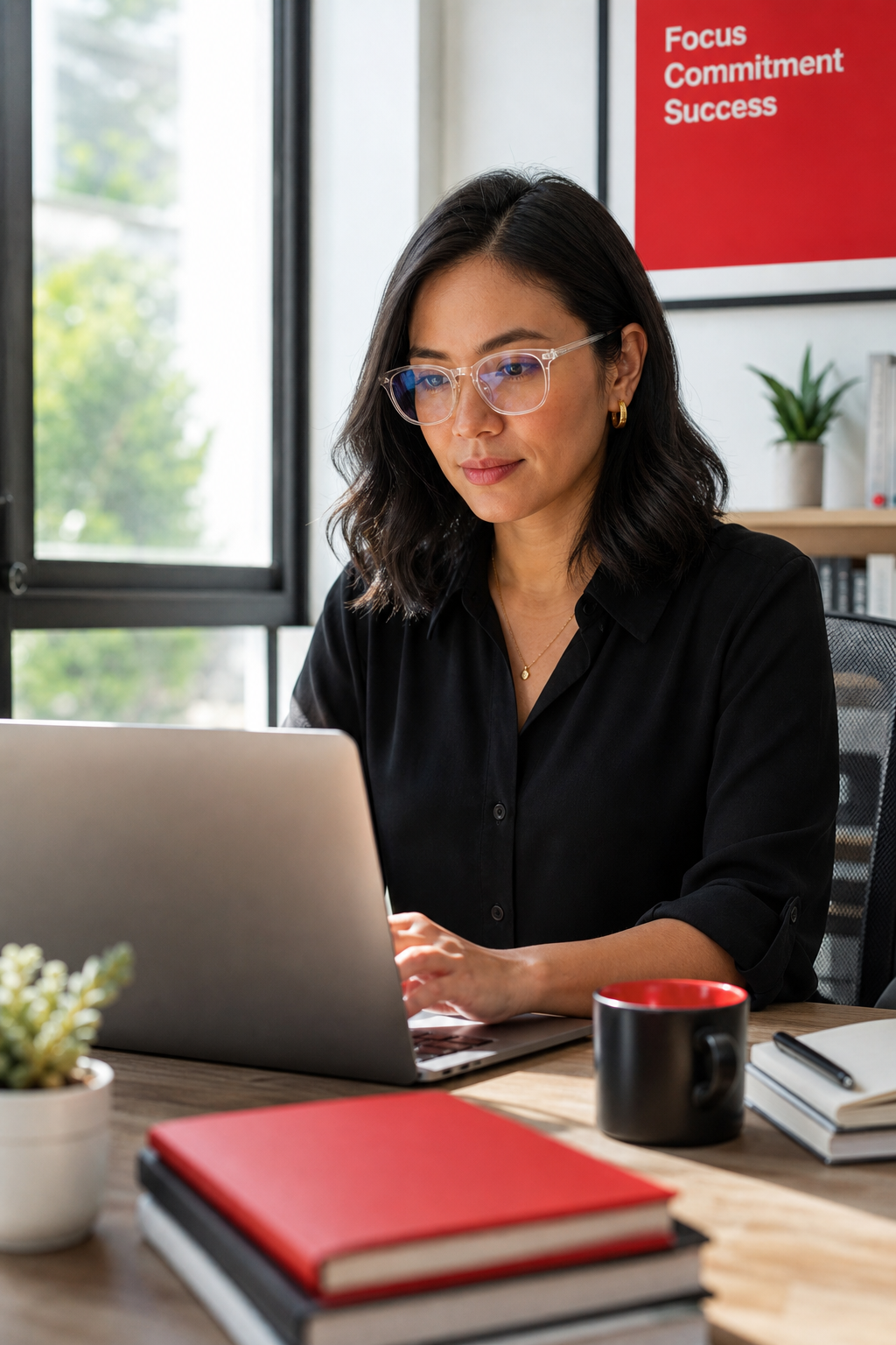 office worker with clear blue‑light glasses