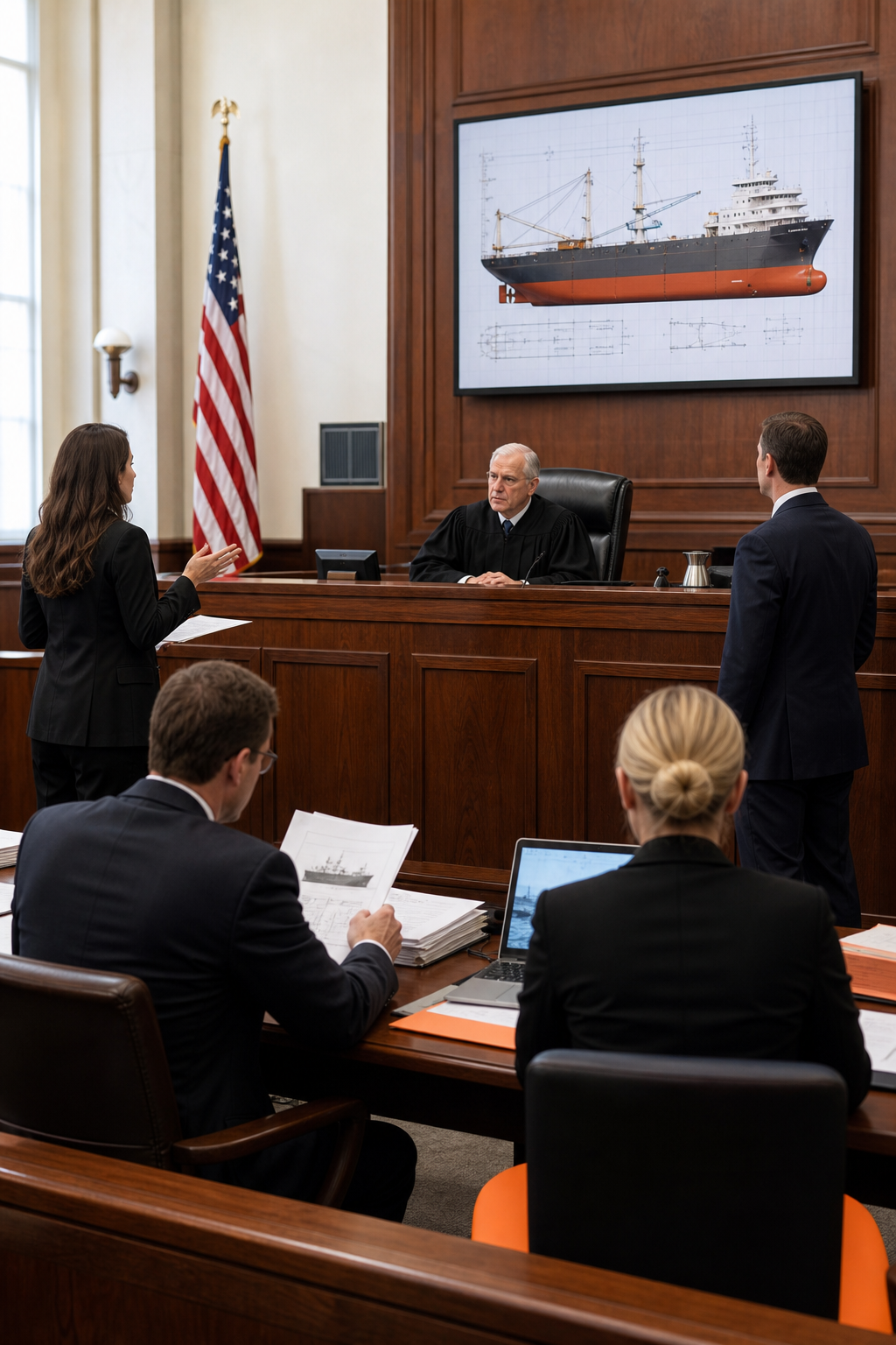 A photorealistic courtroom scene showing a judge’s bench, attorneys reviewing documents, and a large screen displaying a