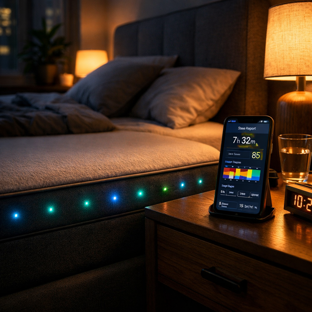 Smart bed sensors monitoring sleep health data on a phone app at night.