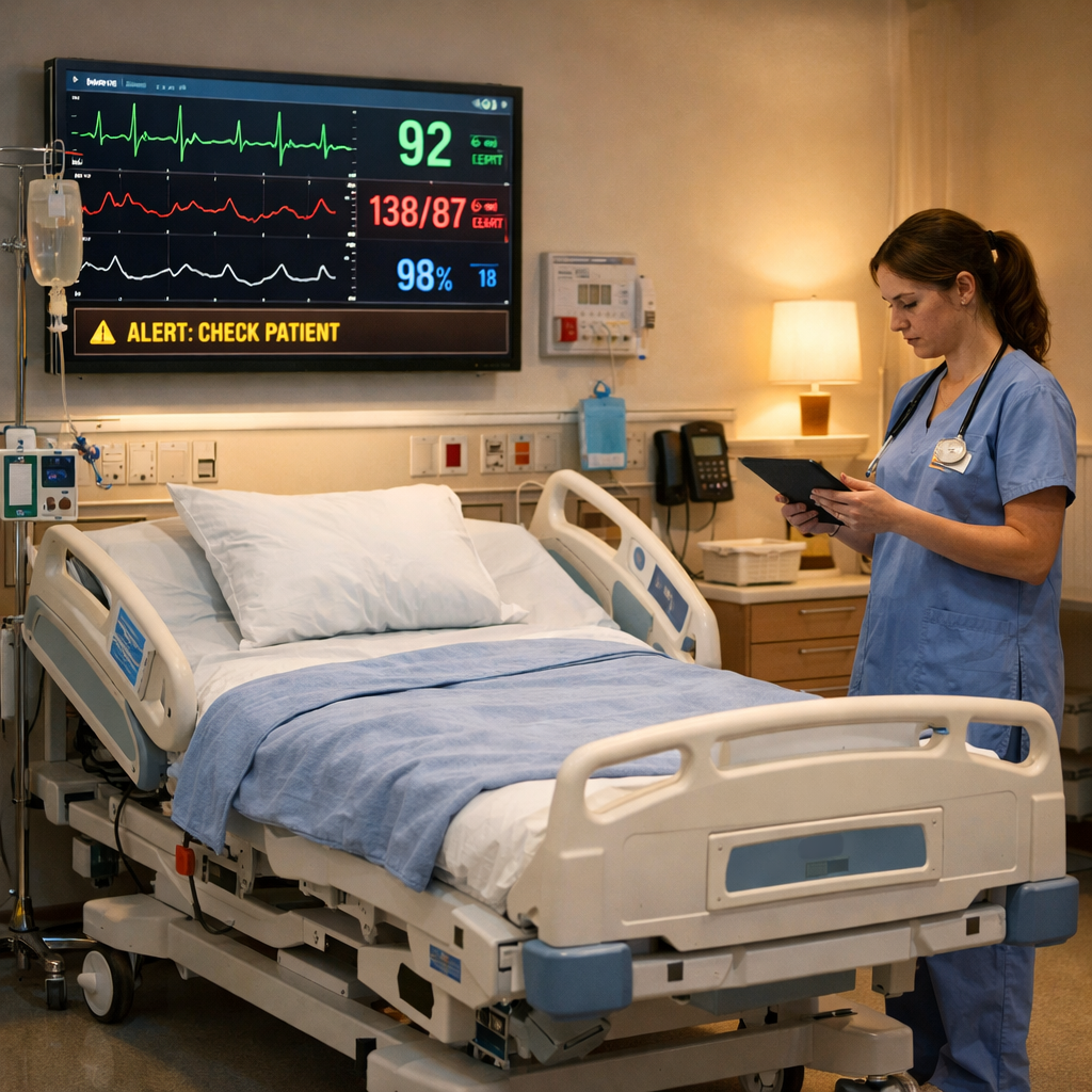 Smart bed in a hospital room monitoring patient vital signs and alerting medical staff.