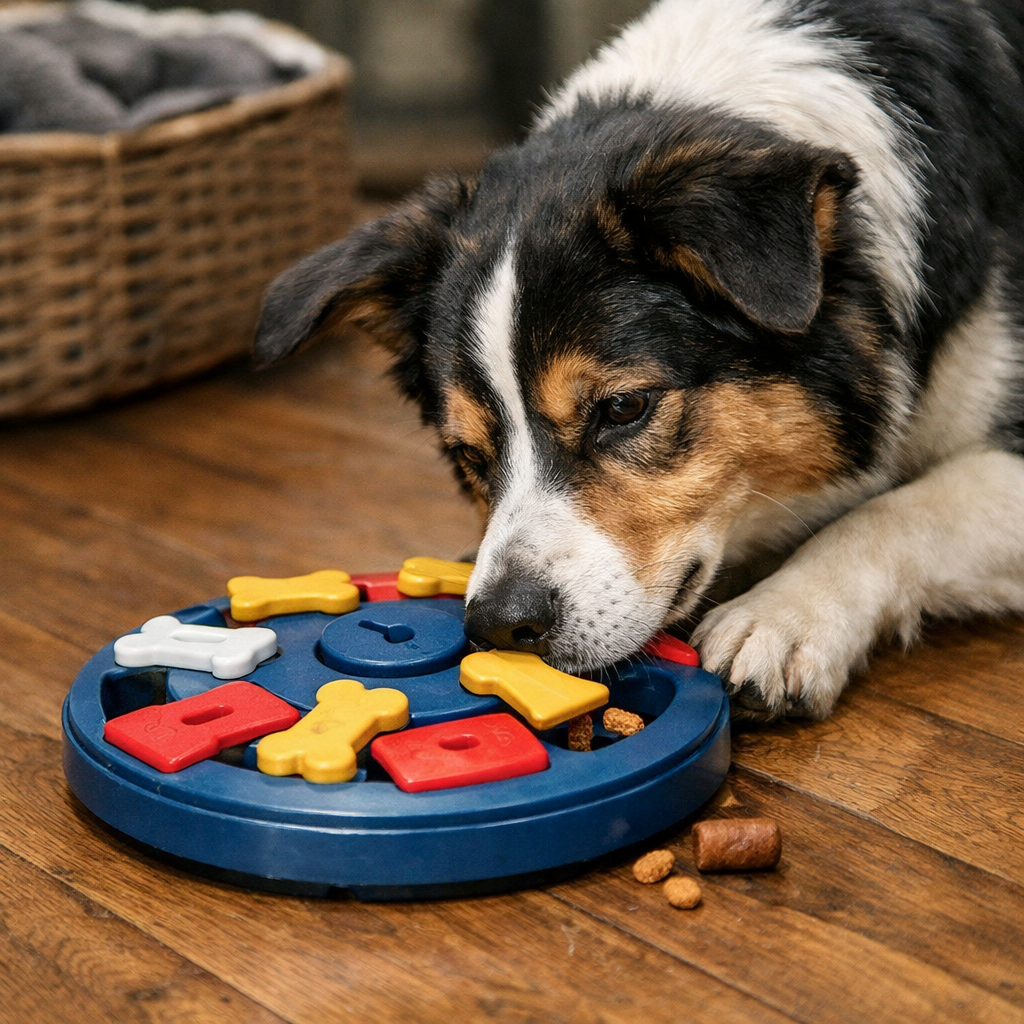 A realistic scene of a dog nudging a treat‑dispensing puzzle toy on a wooden floor, alt: mental stimulation for dogs wit