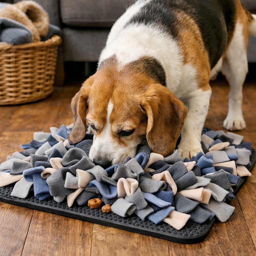 A realistic scene of a dog sniffing around a fleece‑covered rubber mat with treats hidden, alt: DIY enrichment for menta