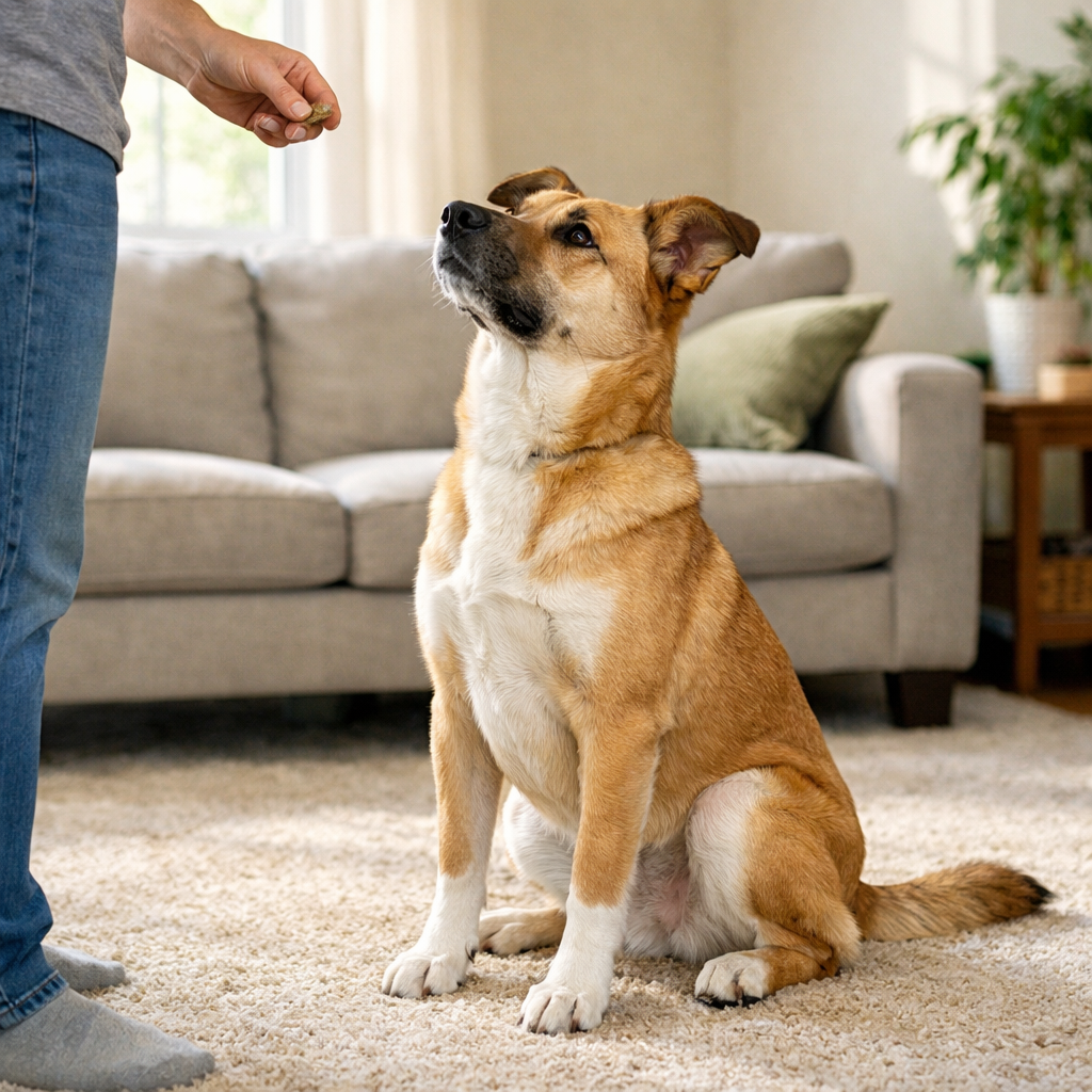 A realistic scene of a dog sitting on a carpet while its owner gives a treat, bright natural light, alt: dog sitting on 