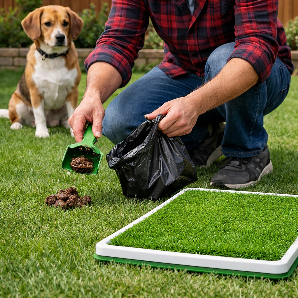 dog owner cleaning up poop to prevent coprophagia.