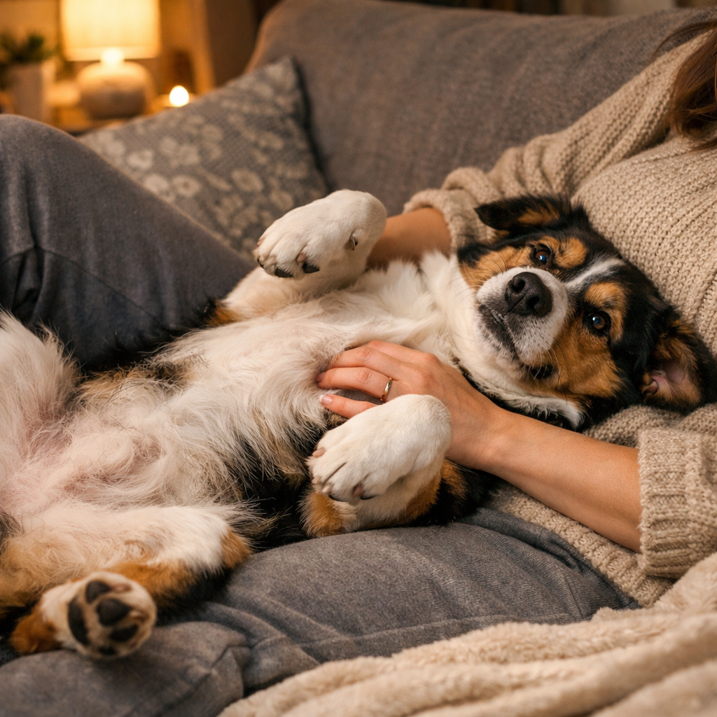 A photorealistic scene of a dog lying on its back next to a person on a cozy couch, soft lighting, alt: dog lying on bac