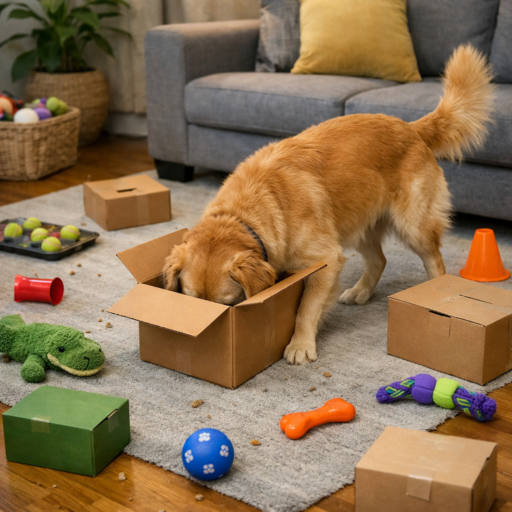 A realistic scene of a dog happily searching for hidden treats in a living room, with boxes and toys scattered, alt: sce