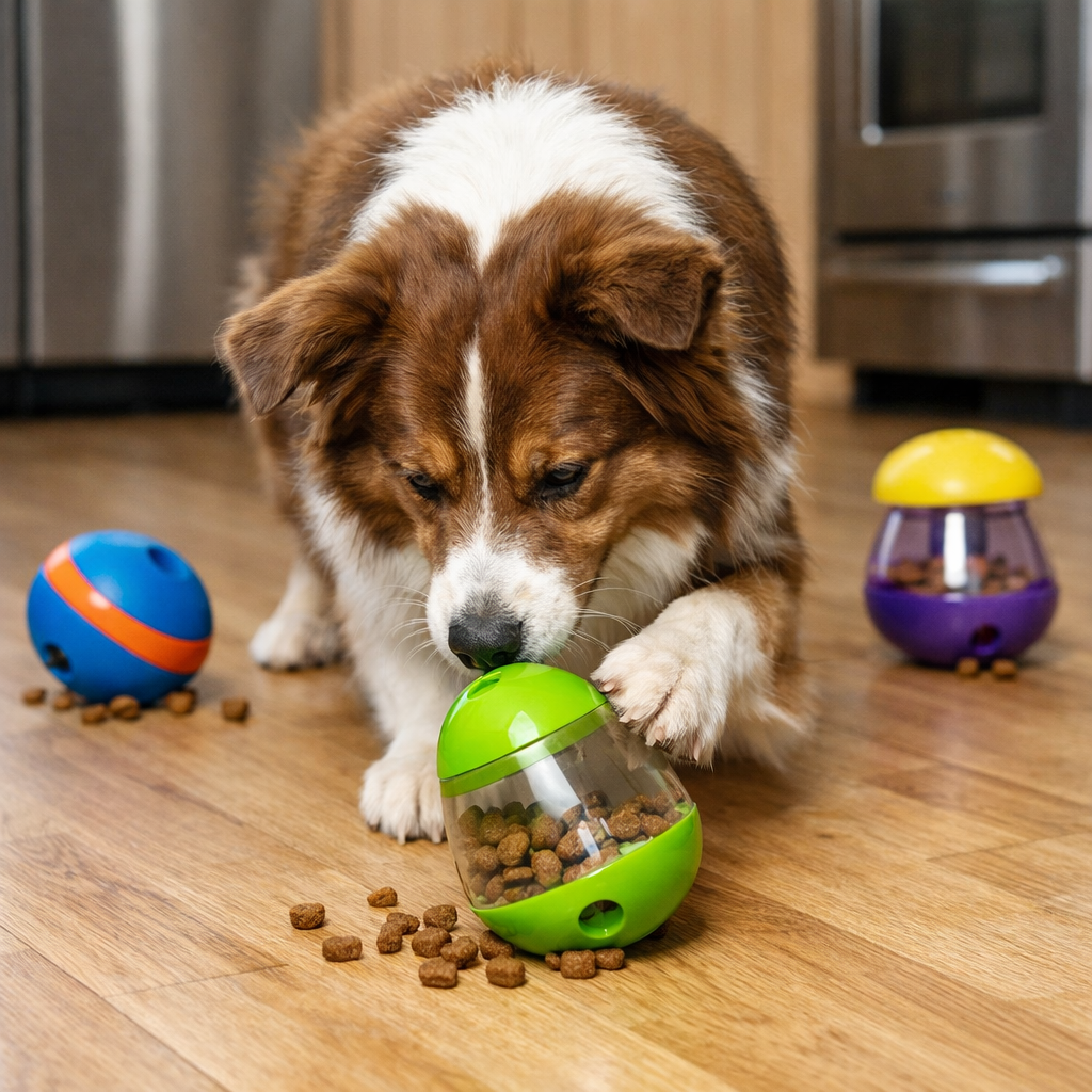 A realistic photo of a dog playing with a food‑dispensing toy on a kitchen floor, alt: food dispensing toys for dogs