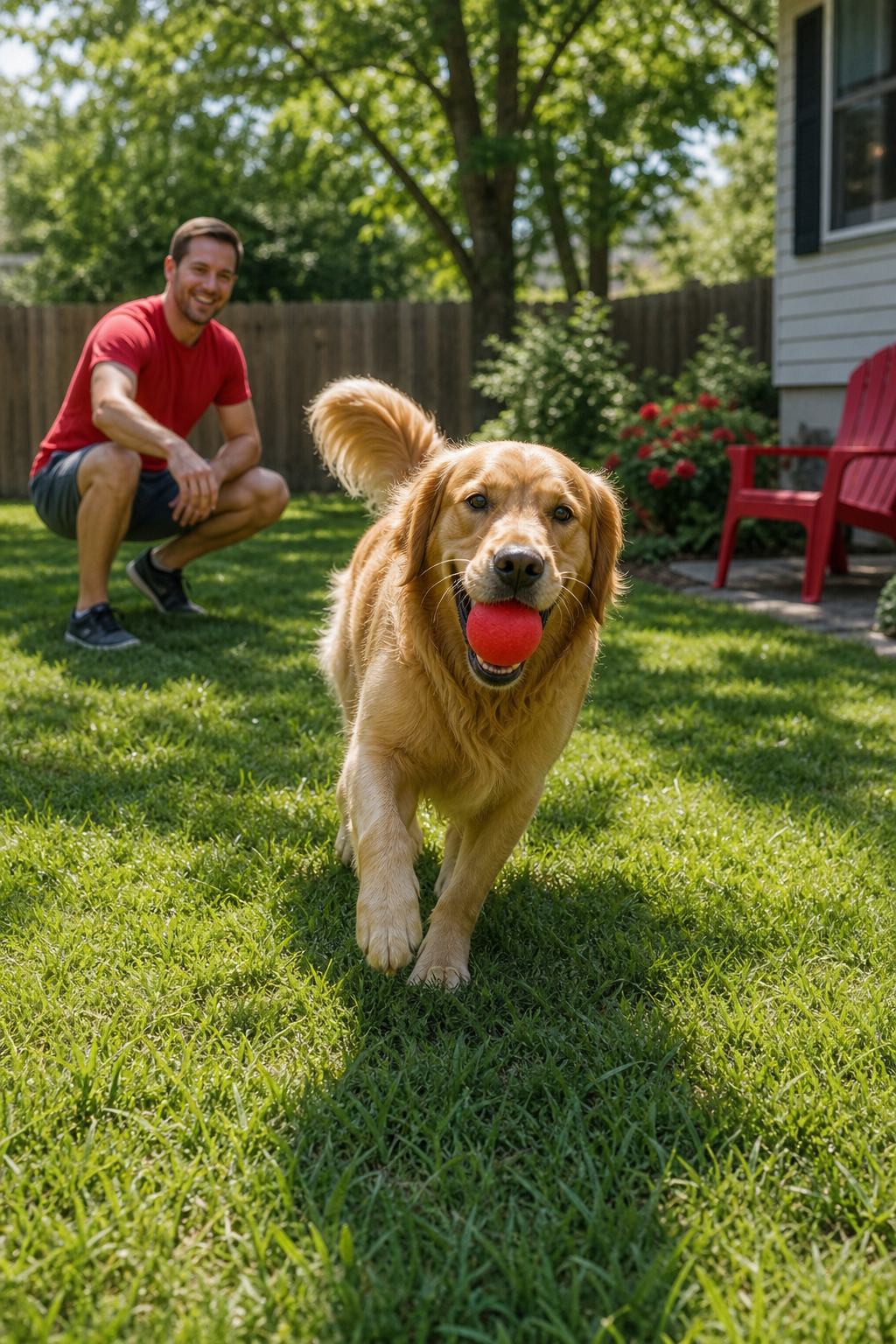 dog playing fetch in yard