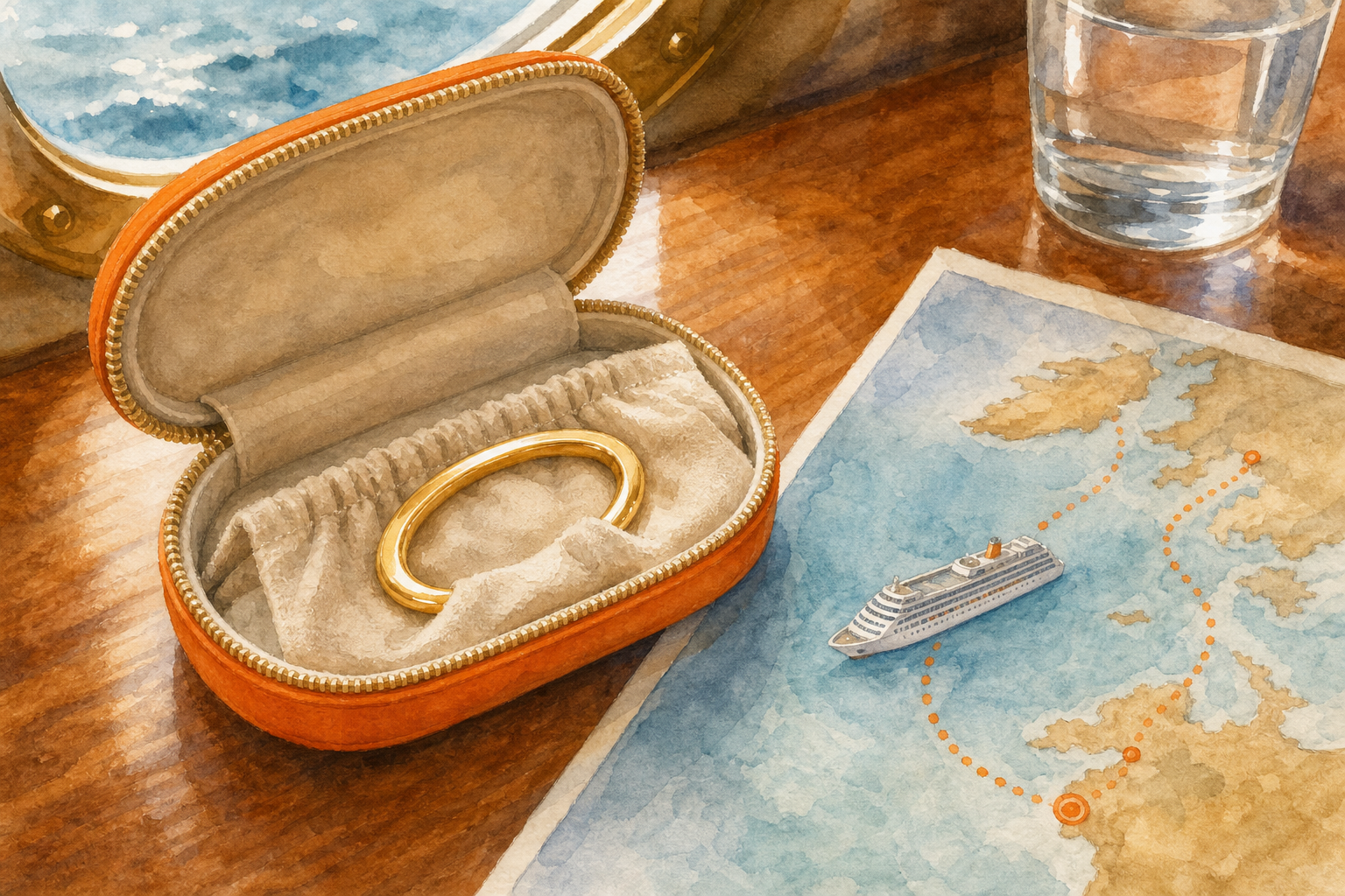 travel jewelry organizer with gold oval ring and fabric sleeve