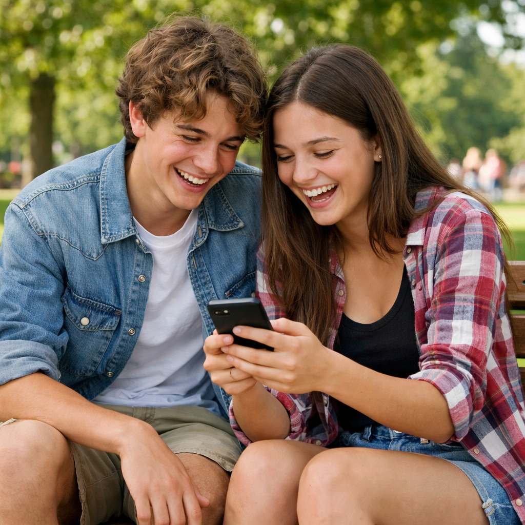 Two teens communicating on a park bench, typical youth dating interaction.