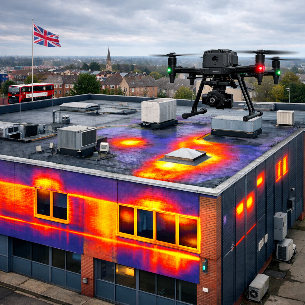 CAA‑compliant drone inspection of commercial building roof and façade