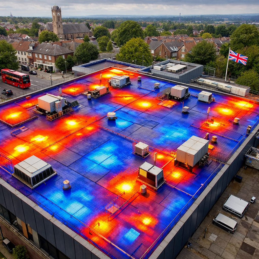A realistic aerial view of a commercial flat roof with thermal overlay showing hot spots and cool areas, alt:
