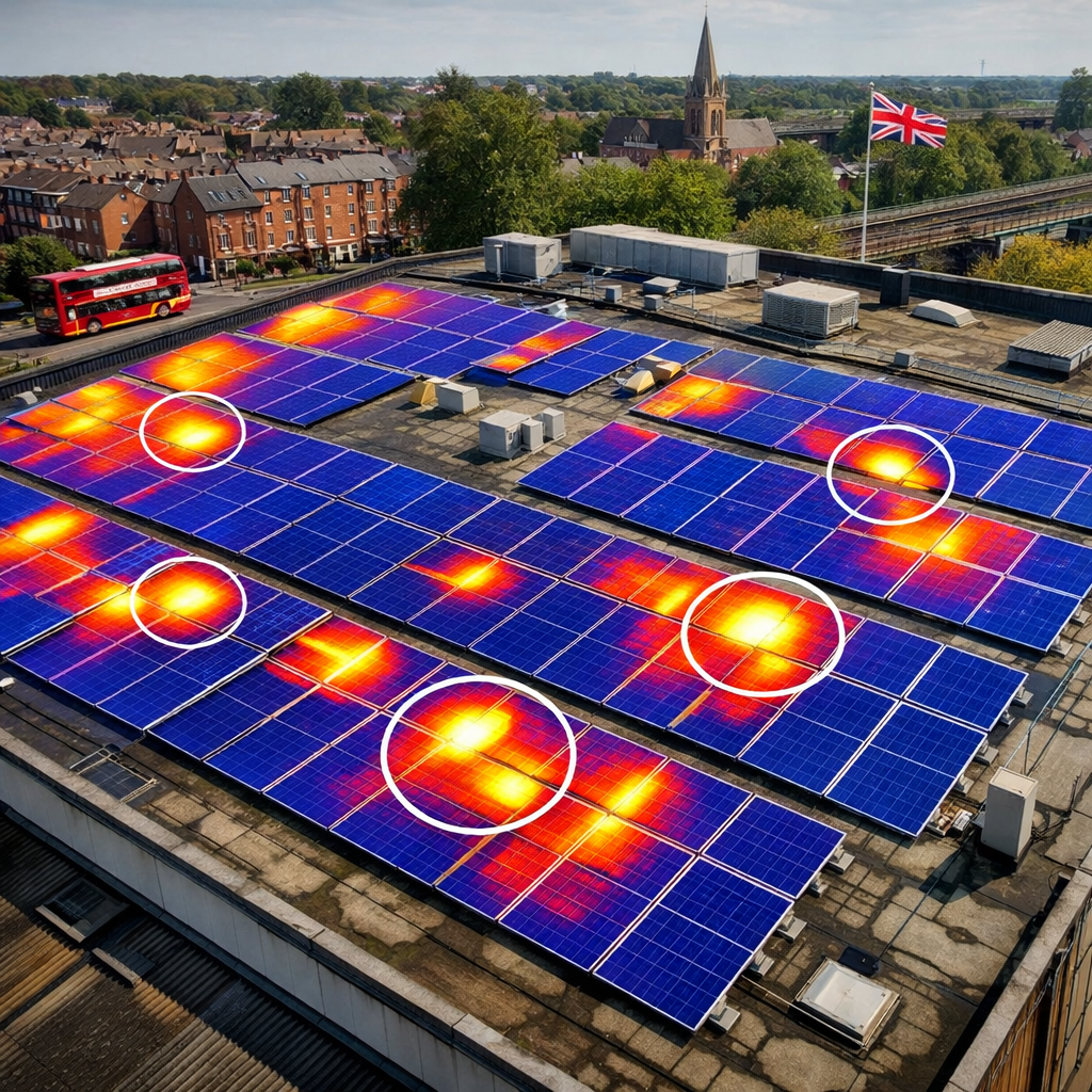 A realistic drone view of a solar PV array on a commercial roof with thermal hotspots highlighted, alt:
