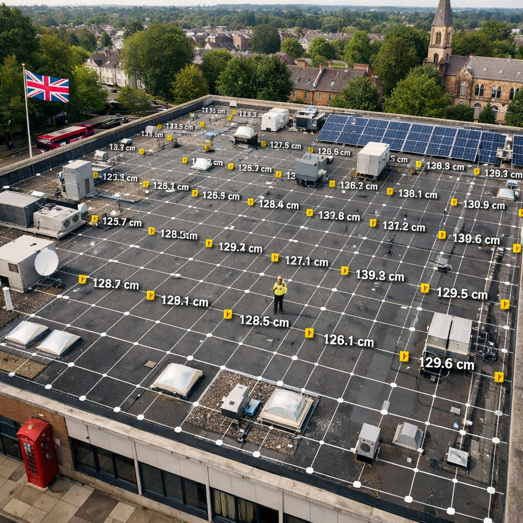 A realistic aerial view of a commercial flat roof with a grid overlay showing centimetre‑level mapping points, alt: high