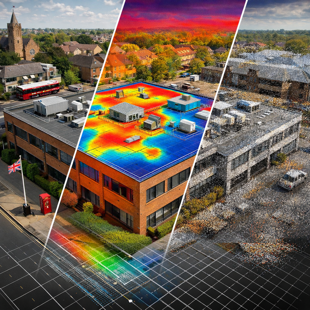 A realistic 3‑D rendering of a commercial building with layered data views , visual, thermal, and point‑cloud, alt: dron
