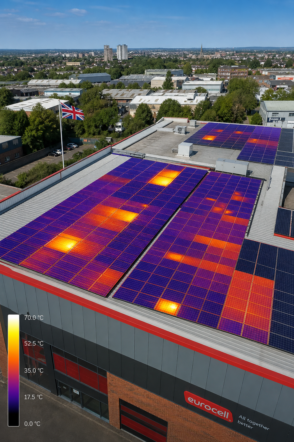 A realistic aerial view of a commercial rooftop solar array with overlaid thermal heat map, showing red hotspots on spec