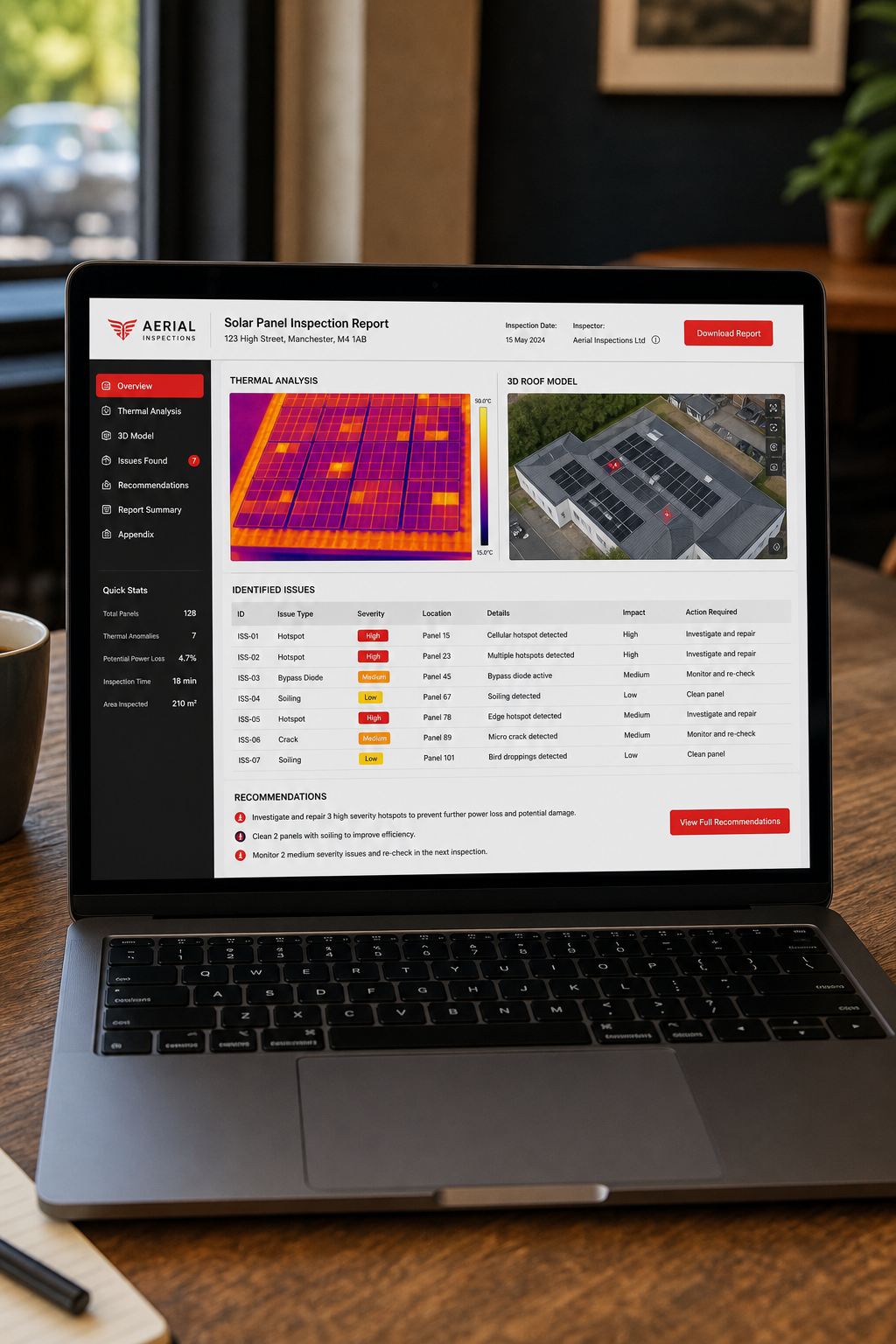 A realistic screenshot of a drone inspection report on a laptop, showing a thermal heat map, a 3‑D roof model, and a tab