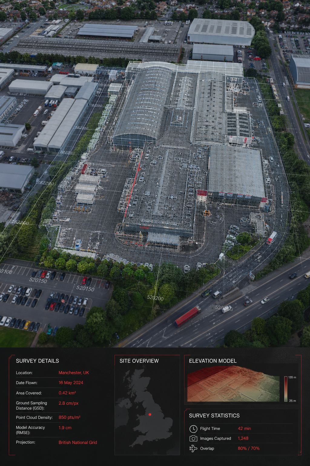 A realistic aerial view of a large industrial complex captured by a fixed‑wing drone, showing detailed photogrammetry gr