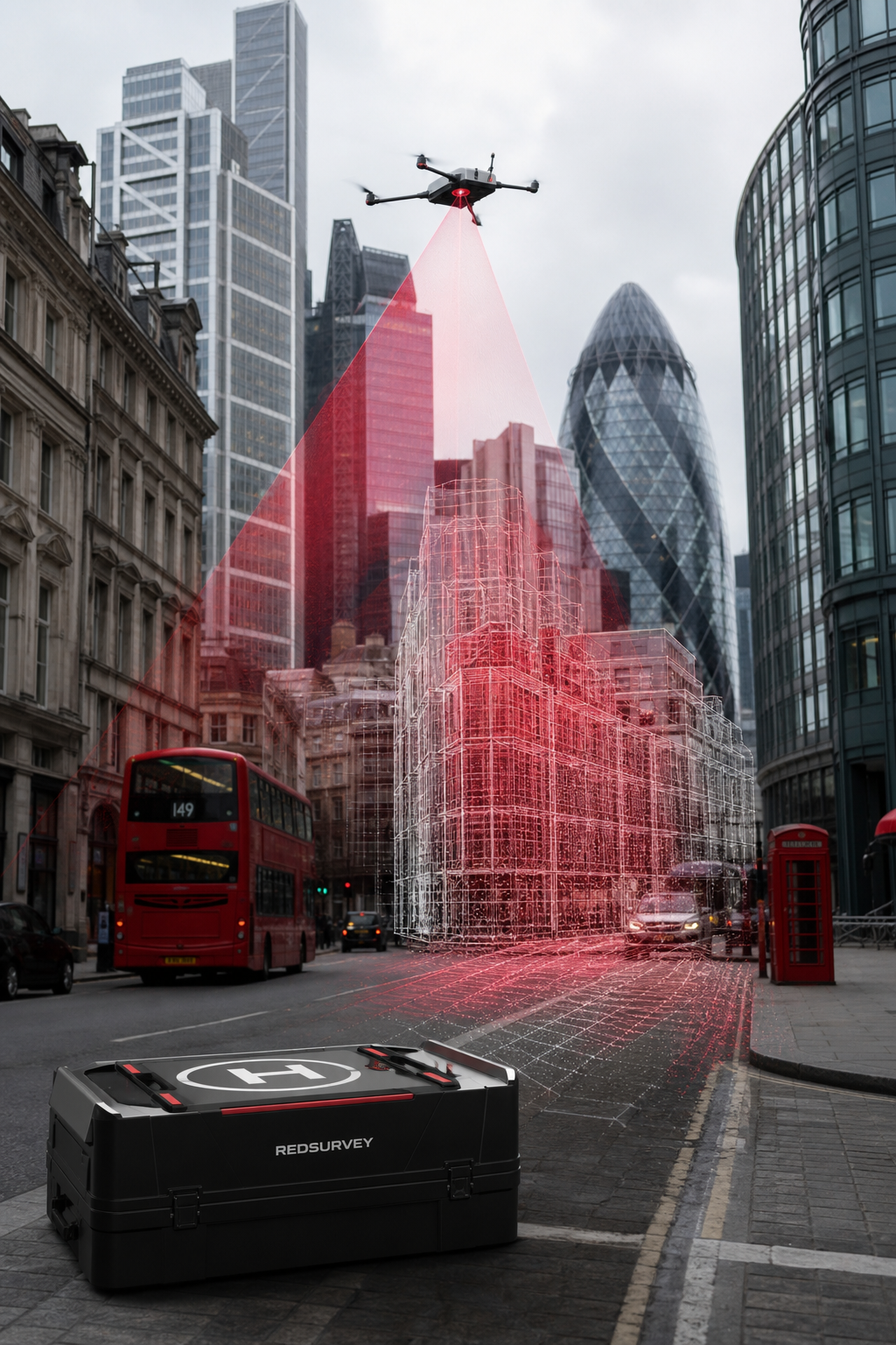 Real‑world view of a VTOL drone launching from a city street, with the background showing tall commercial buildings, alt