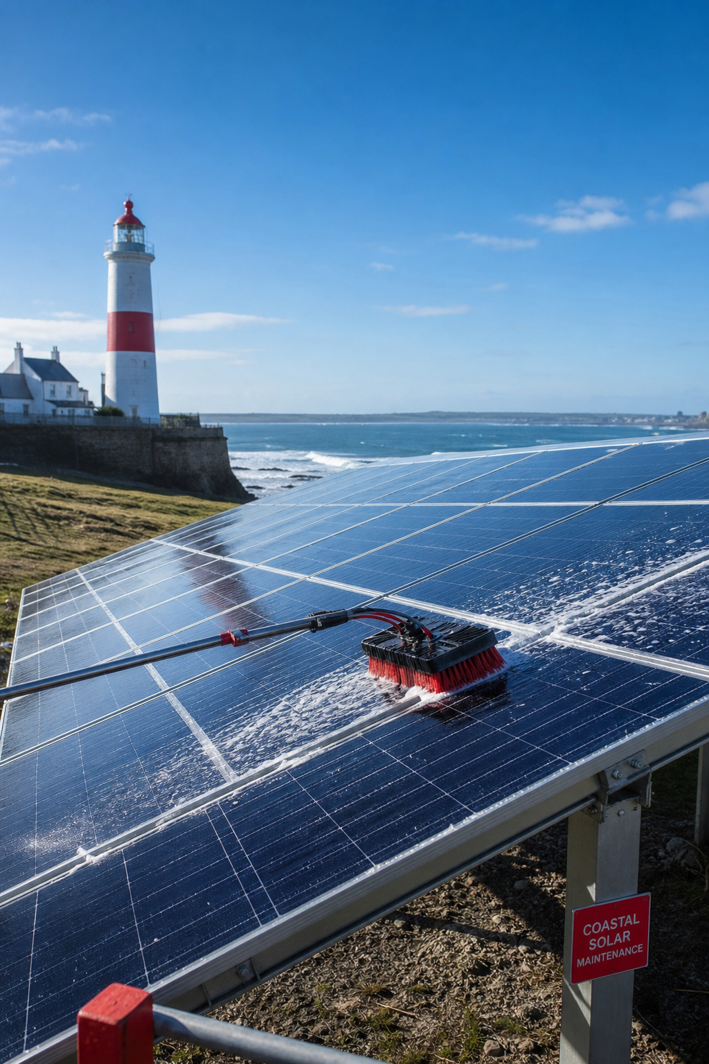 bi‑annual cleaning of coastal solar panels showing fresh water rinse and soft brush.