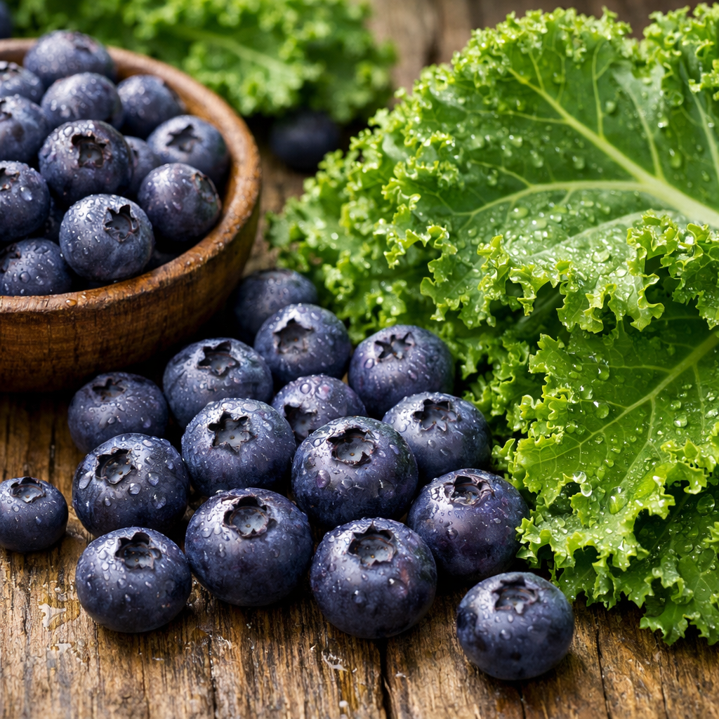 A realistic close‑up of fresh bilberries and kale leaves on a wooden table, showing the deep purple berries and bright g