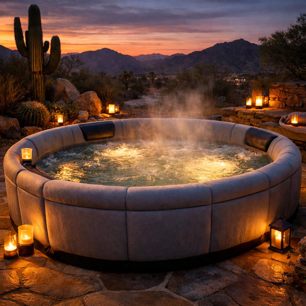 oval hot tub with foam insulation, cozy nighttime setting