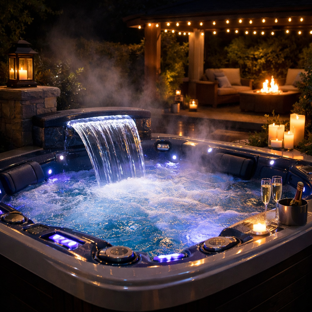 romantic hot tub with waterfall and LED lighting
