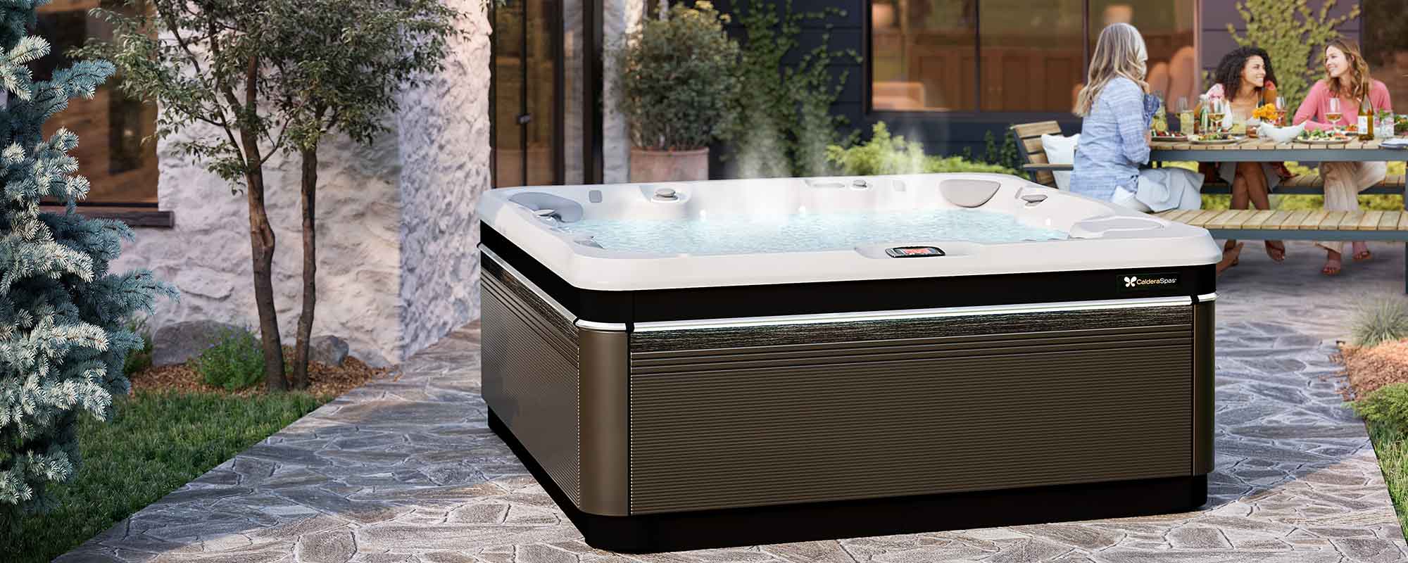 A realistic photo of a sleek, modern outdoor hot tub nestled among desert‑friendly landscaping with low‑profile lighting