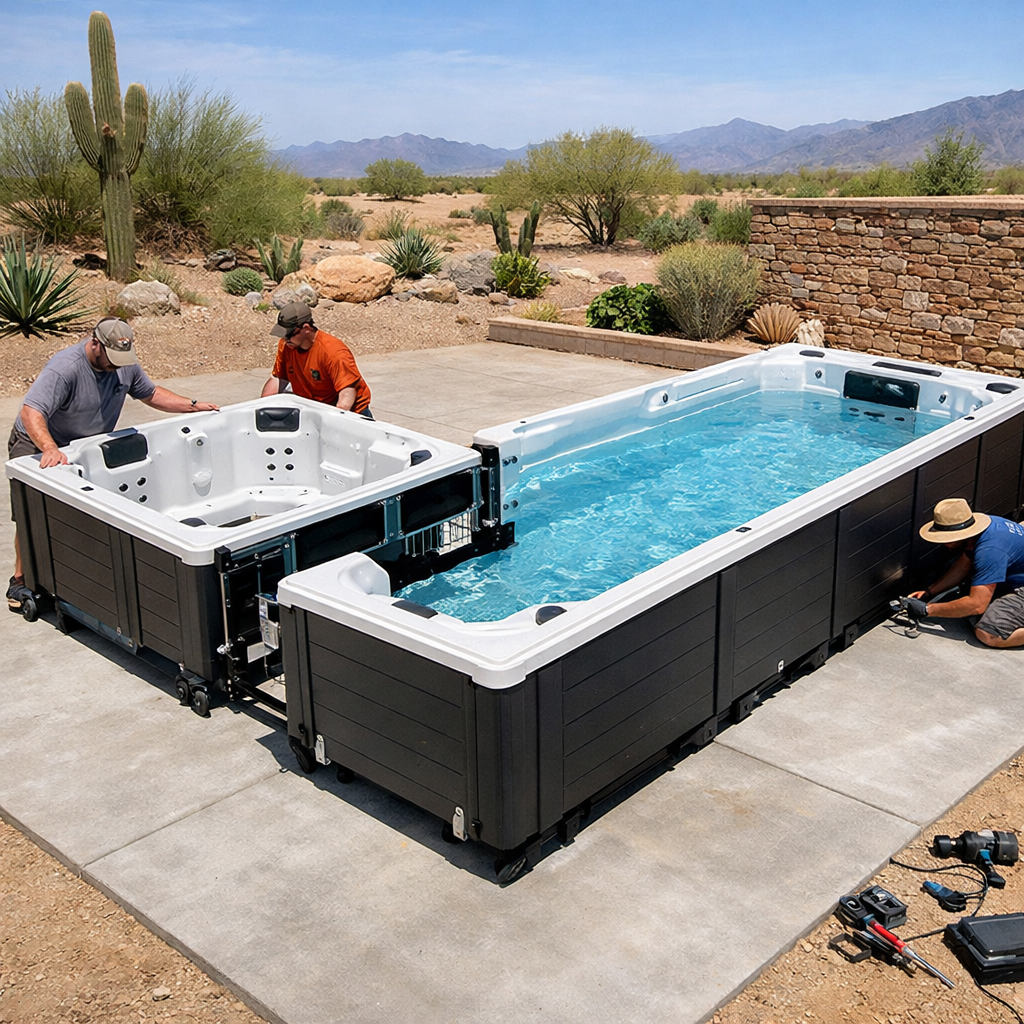 modular portable swim spa installation in a desert backyard