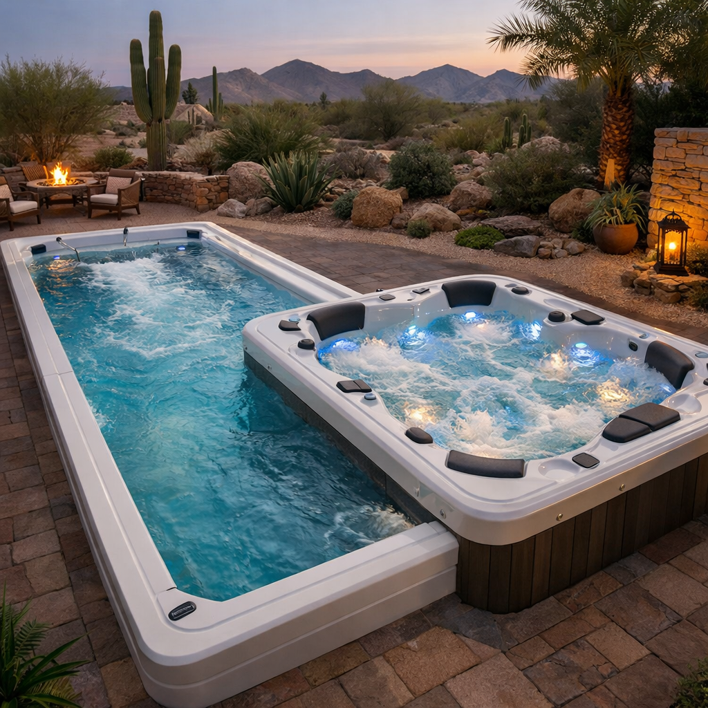 hybrid swim spa hot tub backyard installation