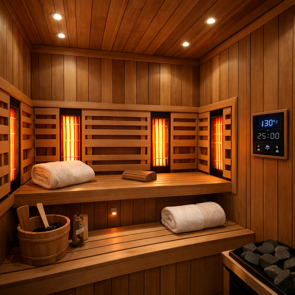 modern infrared sauna cabin interior.