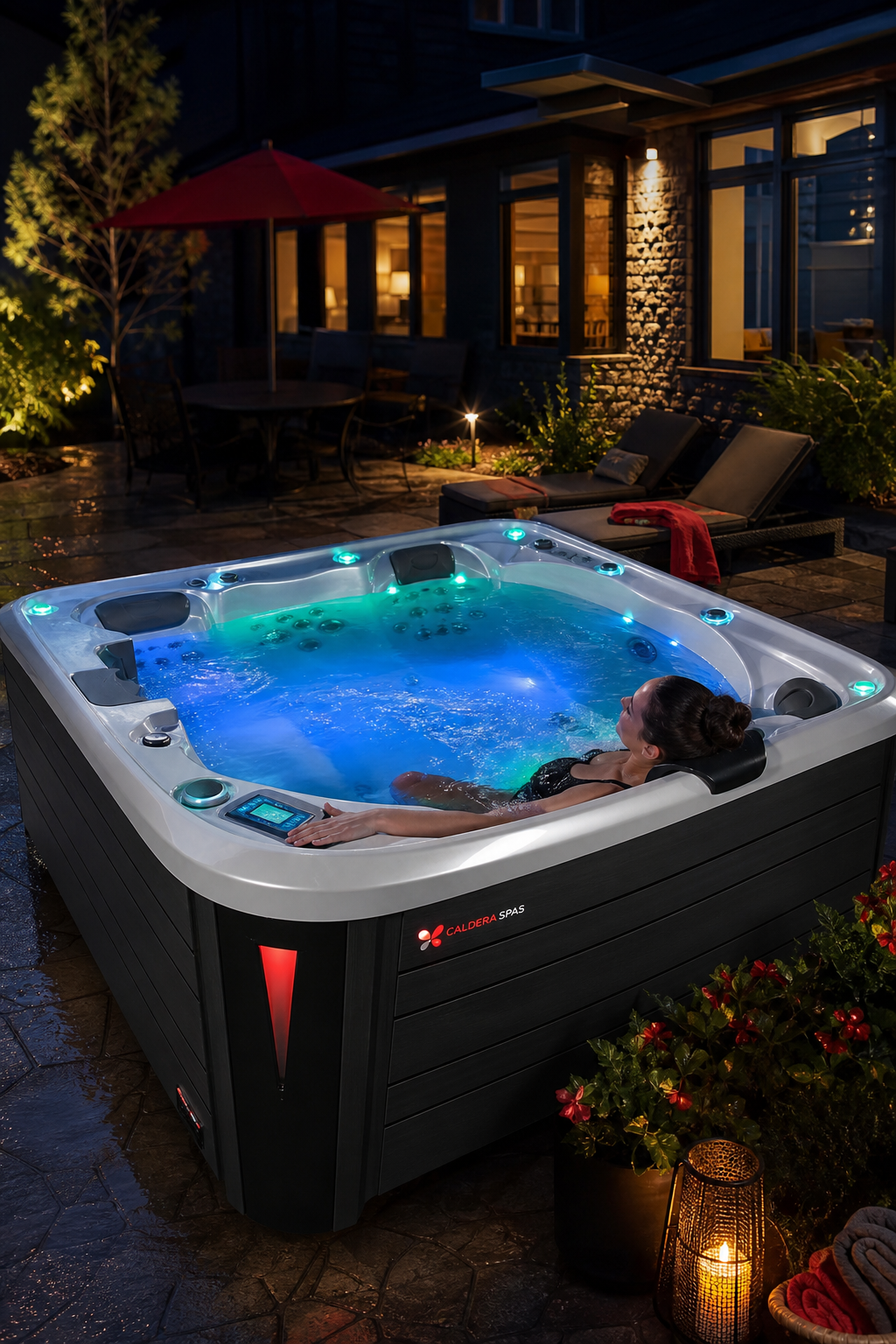 luxury hot tub with ergonomic seating and LED therapy for muscle recovery