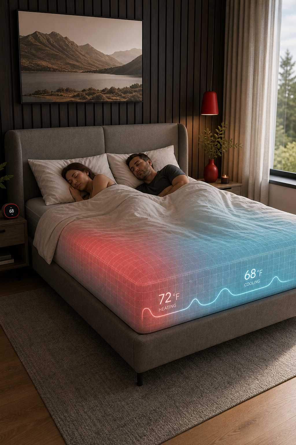 A realistic bedroom scene showing a couple sleeping on a modern smart bed with a subtle glow indicating temperature zone