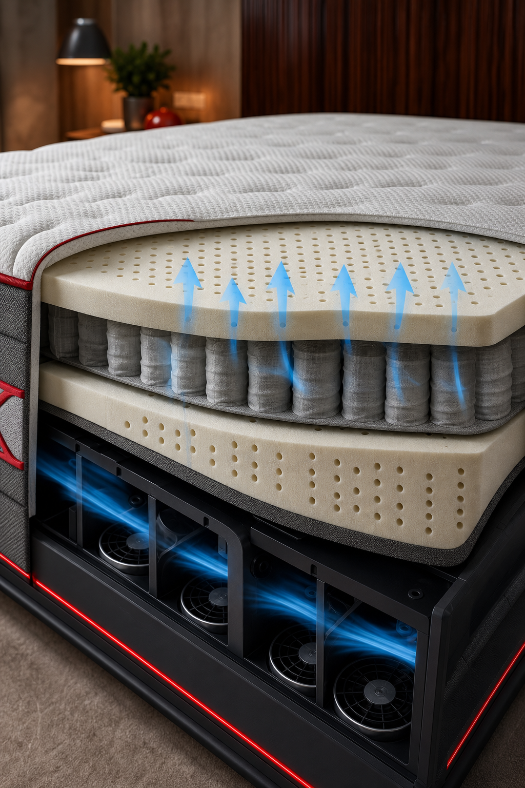 A realistic close‑up of air flowing through a mattress cross‑section, showing fans in the base and perforated foam layer