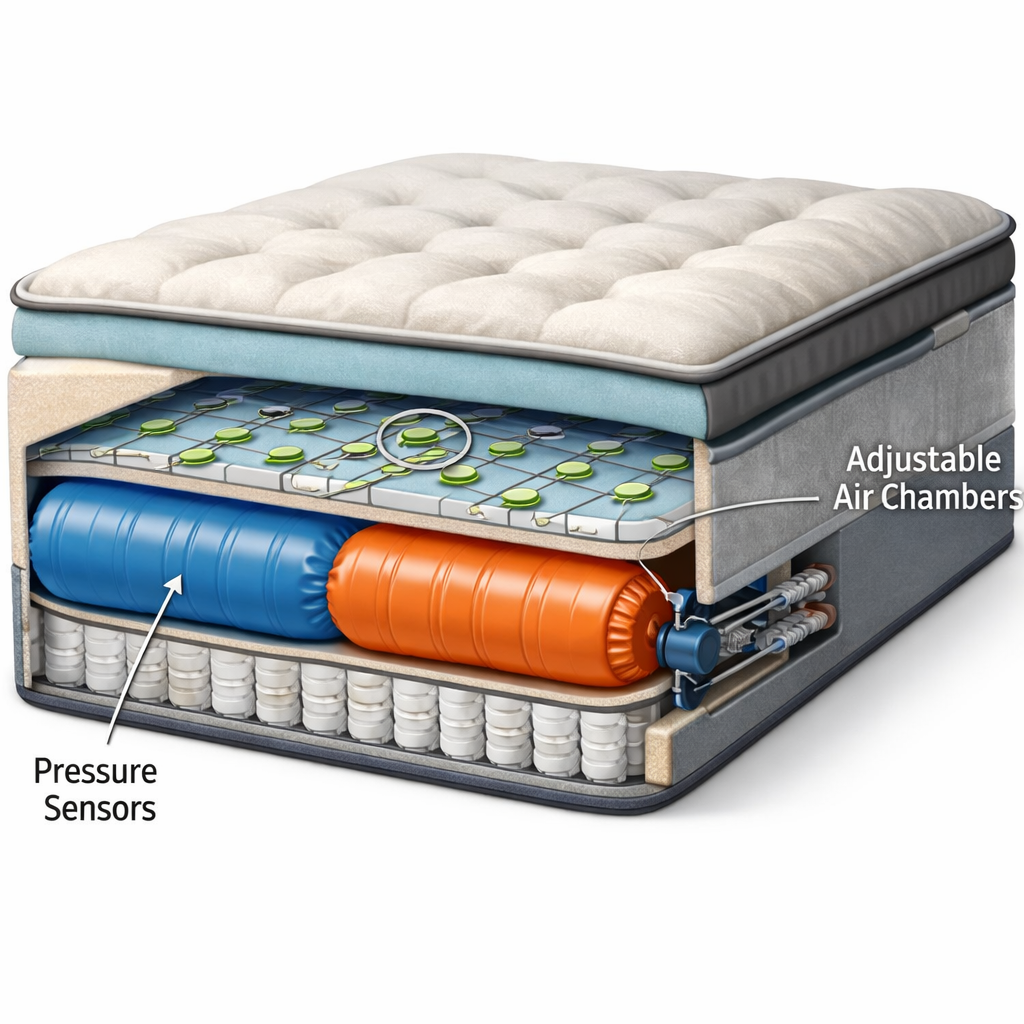 A realistic illustration of a cross‑section of a smart mattress showing embedded pressure sensors and air chambers, alt: