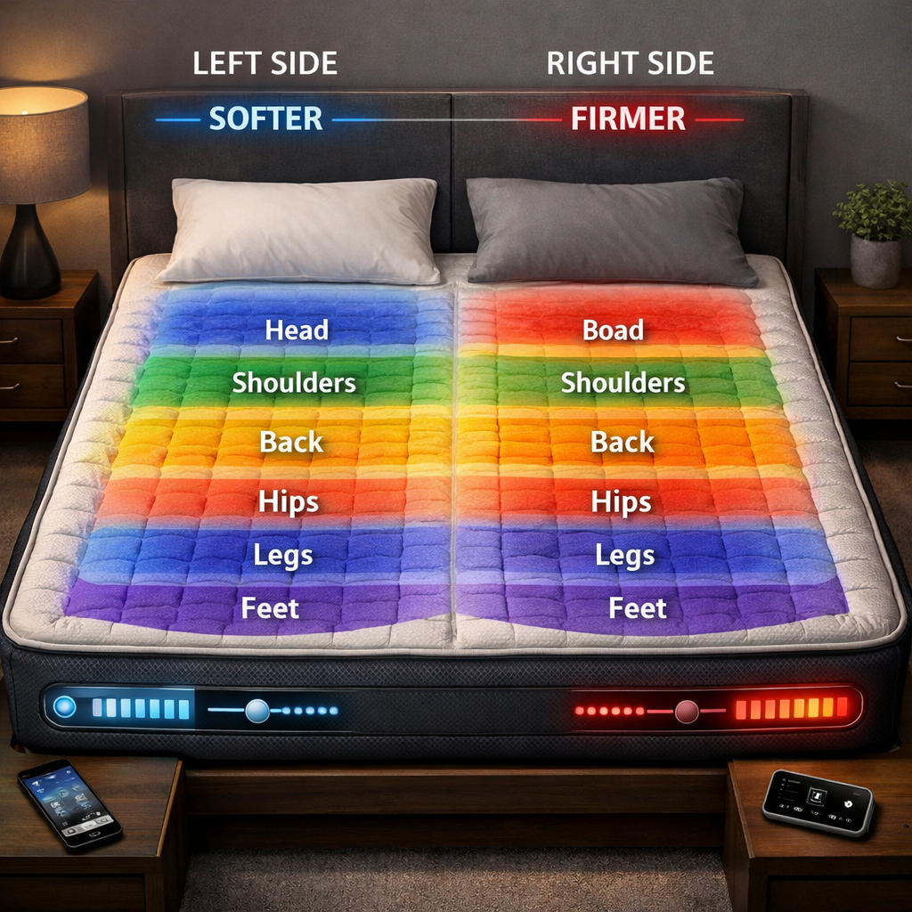 A realistic illustration of a smart mattress with separate left and right firmness controls and zone highlights, alt: sm