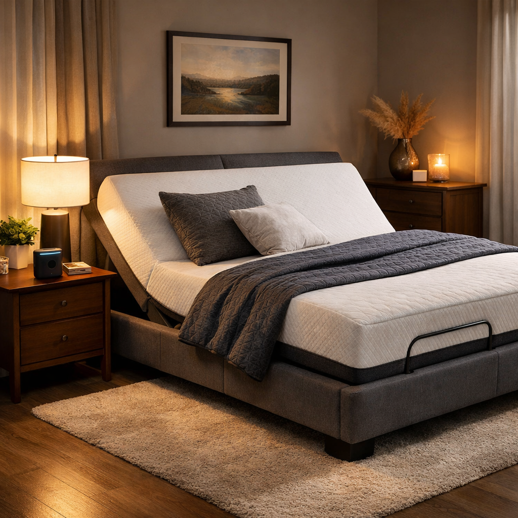Alexa‑compatible smart bed in a cozy bedroom setting.