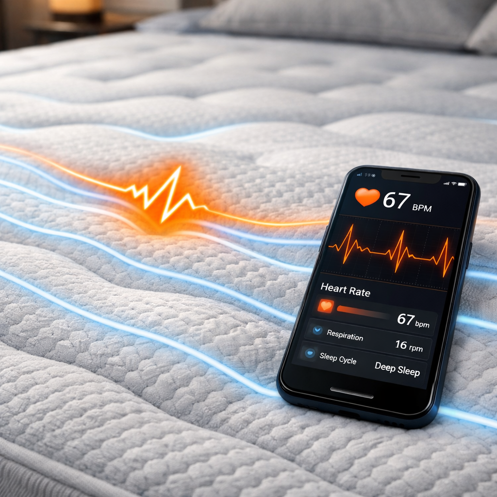 AI mattress with heart rate monitoring showing live data