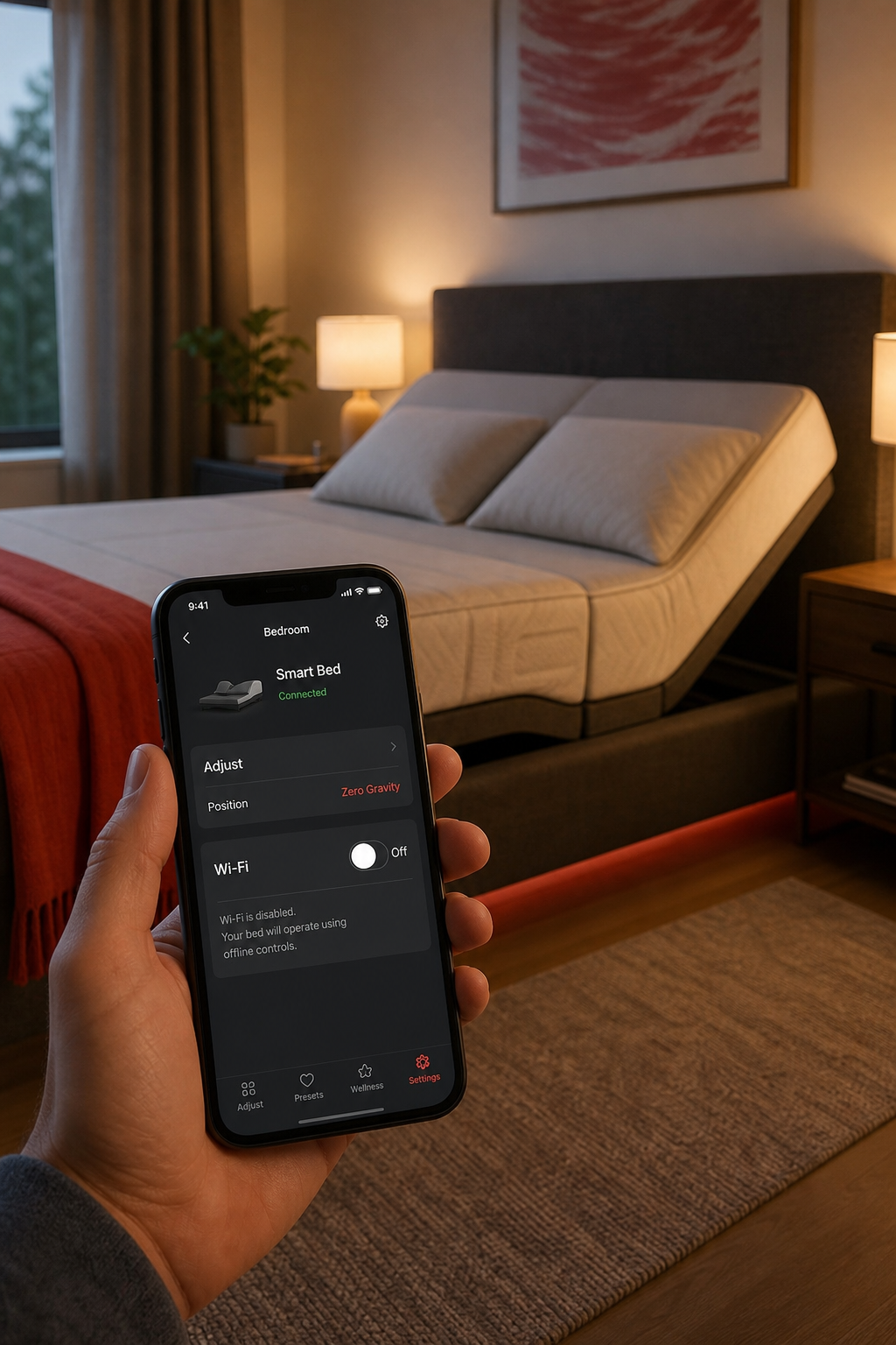 user disabling Wi‑Fi on a smart bed app in a realistic home setting.
